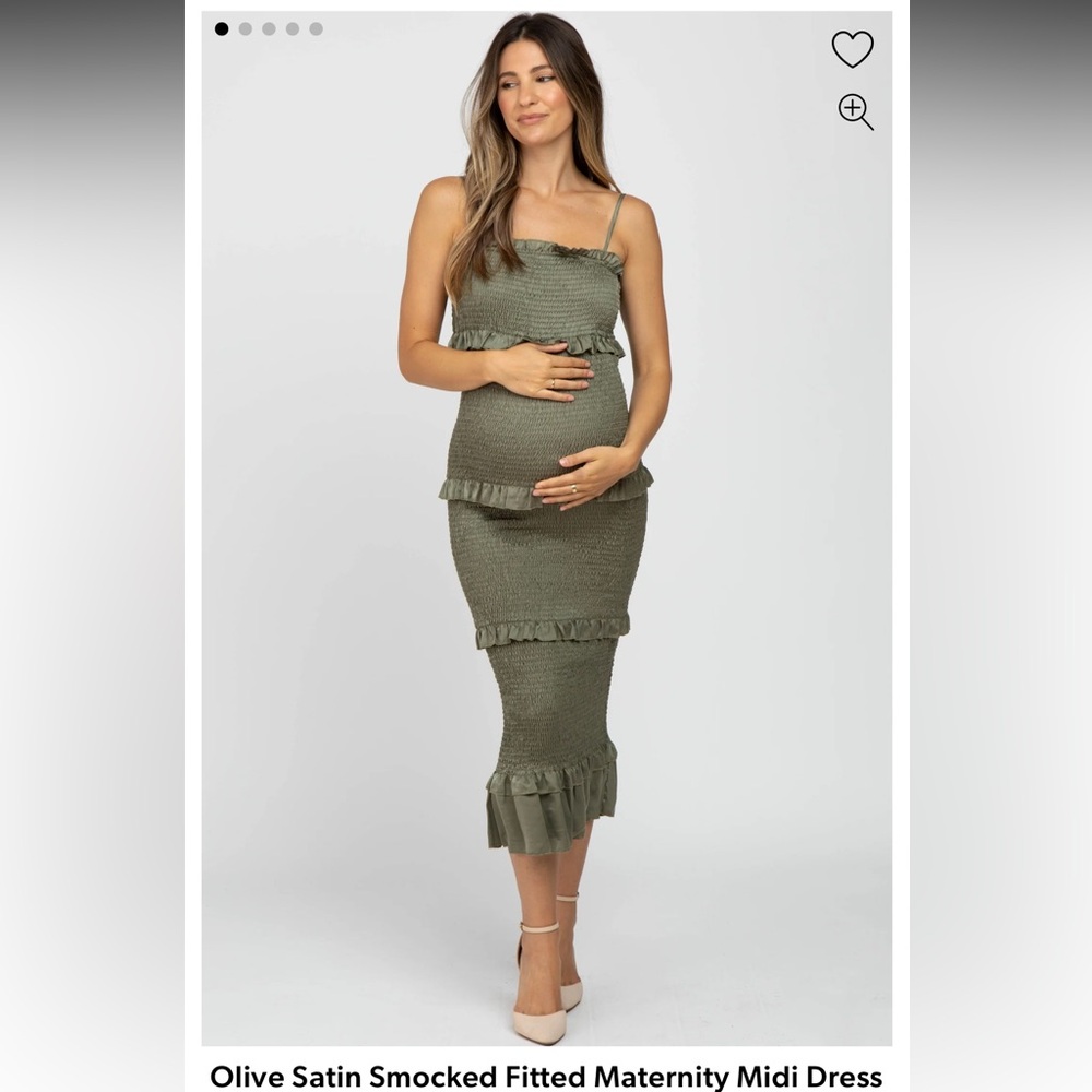 MABLE by ANTHRO; Olive Satin Smocked Fitted Maternity Midi Dress